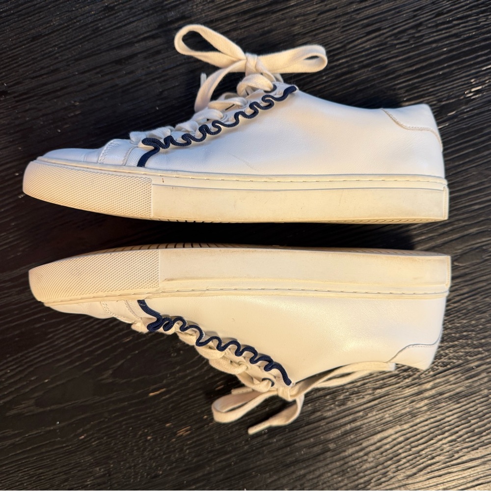 Tory Burch White and Navy Ruffle Trim Sneakers - Picture 4 of 10
